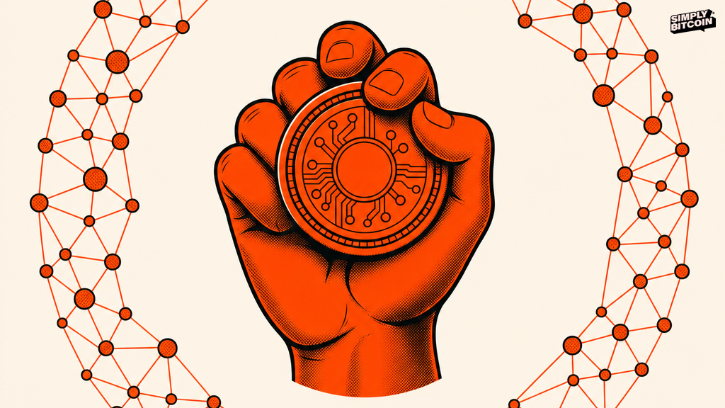 A bold Bitcoin symbol rests inside a closed fist, drawn outside a circular web of connected ledger nodes that surrounds but never touches it.