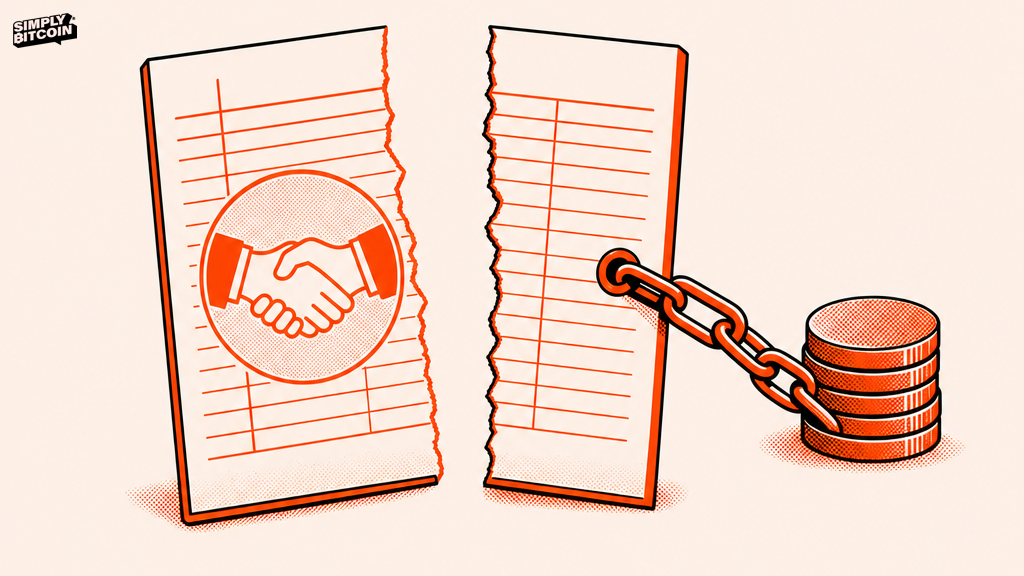 A torn ledger page shows an IOU stamp on one half chained to a stack of coins on the other, symbolizing a deposit as a claim on money already lent elsewhere.