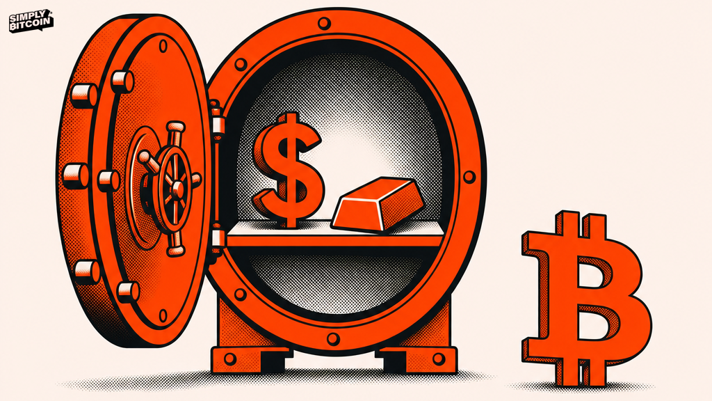 A vector illustration of an open vault holding a dollar sign and gold bar, with a bitcoin symbol standing outside it.