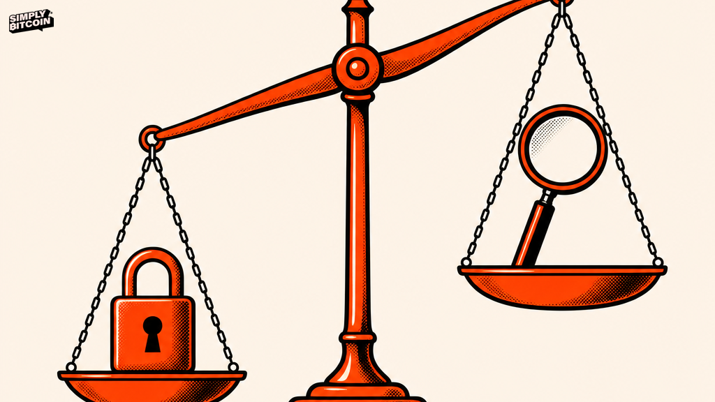 A tipped scale weighs a sinking padlock against a rising magnifying glass.