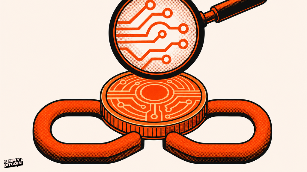 A magnifying glass enlarges the engraved numbers on a bitcoin coin resting inside an open chain link.