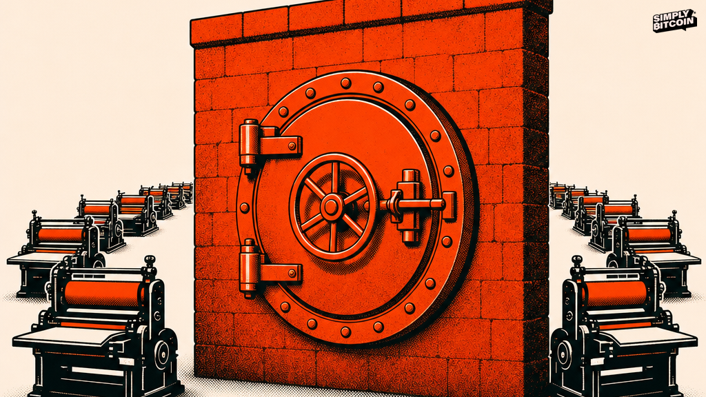 An illustration of a locked vault marked twenty one million standing behind a wall that printing presses cannot cross.