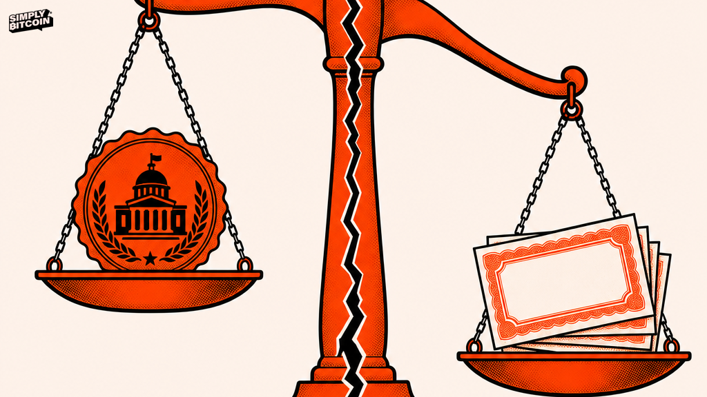 An illustration of a balance scale with a government seal on one side and bond certificates on the other, cracked down the center.