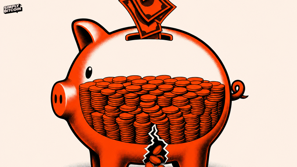 An illustration of a piggy bank losing coins through a crack at the bottom while new banknotes pour in through the top slot.