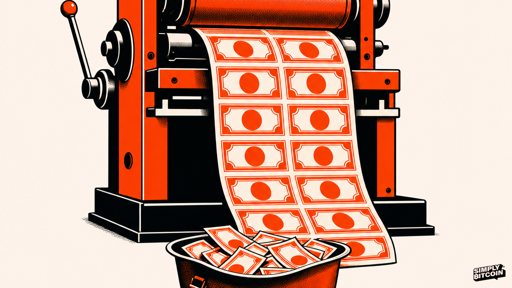 A printing press pouring banknotes into a soldier's helmet, symbolizing debt-financed war paid for later through currency debasement.