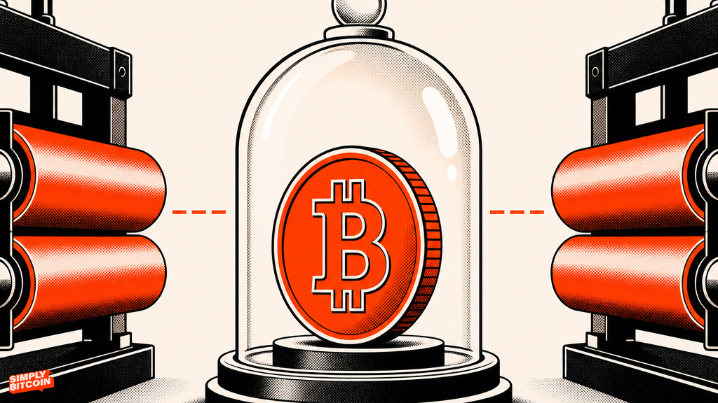 A Bitcoin symbol sealed in glass, out of reach of a printing press shown behind it.