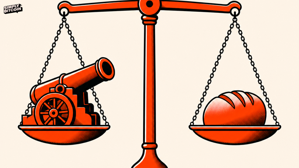 A balance scale weighing a cannon against a loaf of bread, symbolizing the tradeoff hard money once forced a government to make.