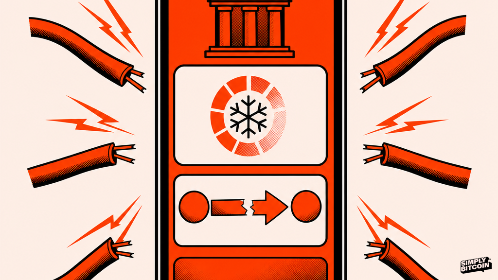 A screen-print illustration of a banking app frozen on a phone with severed cable lines radiating around it.