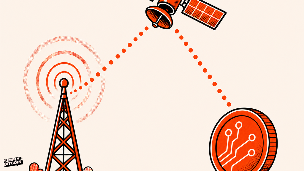 A screen-print graphic of a radio tower and satellite sending a signal to a bitcoin coin with no internet cable present.