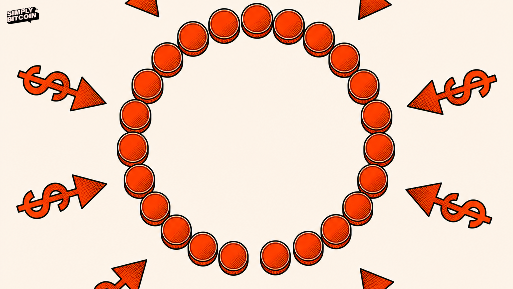 A fixed ring of coin marks with dollar sign arrows pointing toward it from outside while the ring stays the same size.