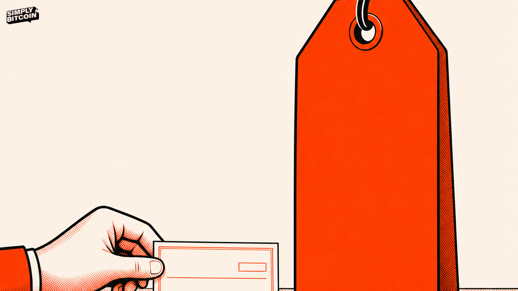 A hand holding a small paper check next to an oversized price tag that towers over it.
