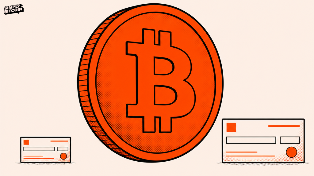 Two differently sized paper checks next to a Bitcoin symbol that shrinks beside the larger check.