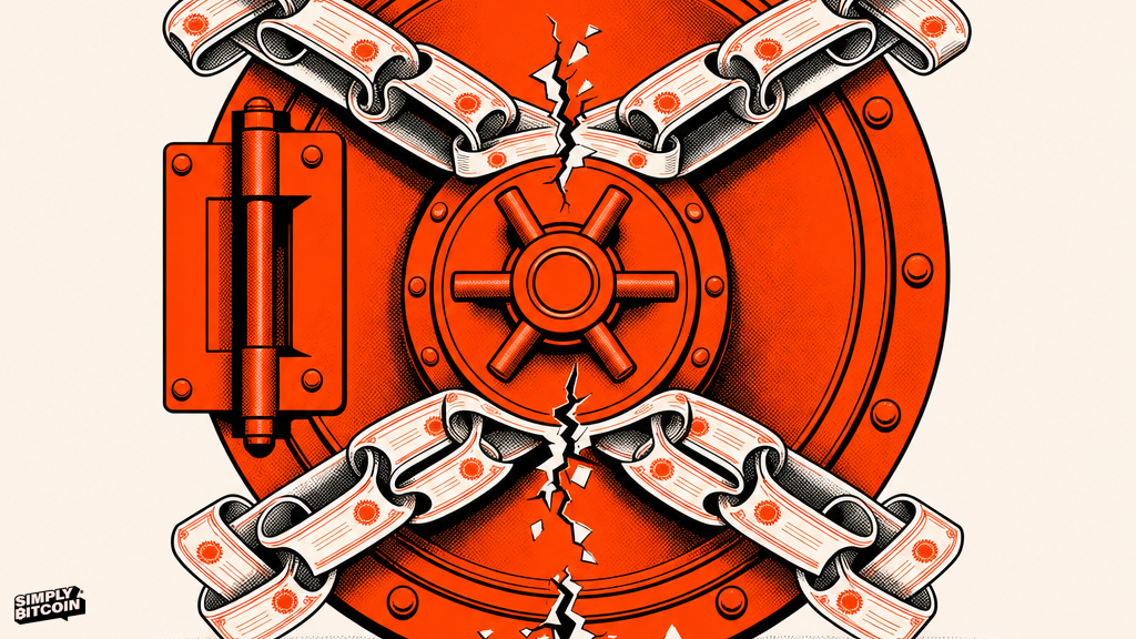 A vault door bound shut by chains made of paper certificates, the links cracking under the strain.