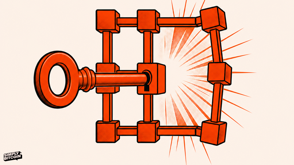A key opening a glowing linked grid directly, with no vault or mechanism standing between them.