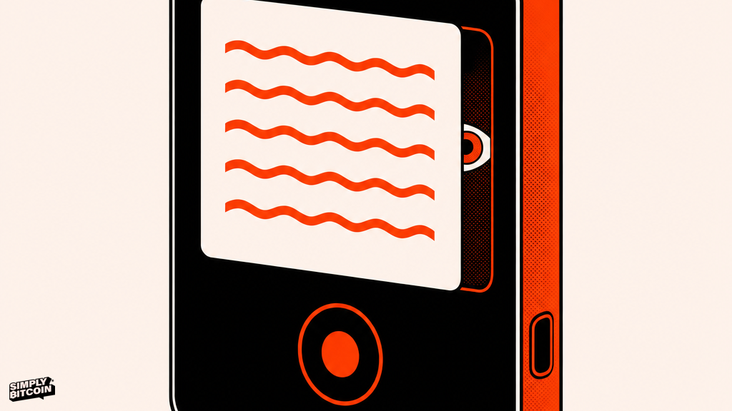 A flat illustration of a hardware wallet screen with a hidden eye icon concealed behind it, watching the display.