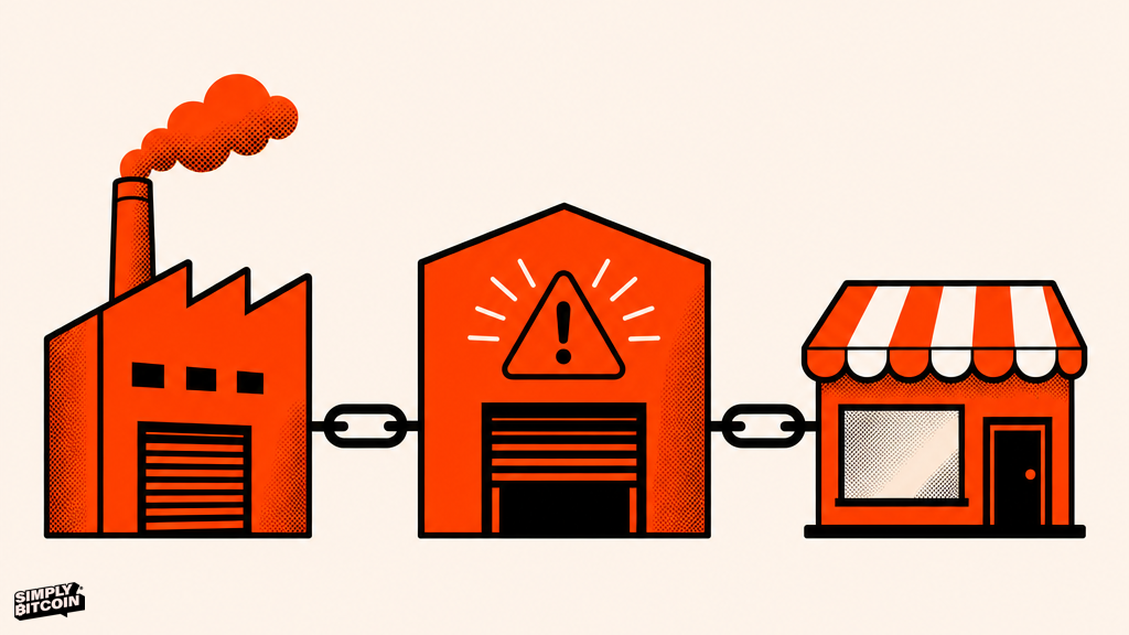 A flat illustration of three boxes in a supply chain with a warning icon glowing on the middle box.