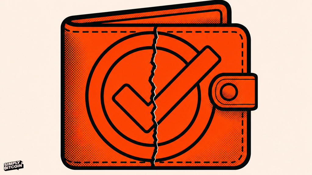A flat illustration of an authenticity checkmark with a crack running through it, stamped over a wallet icon.