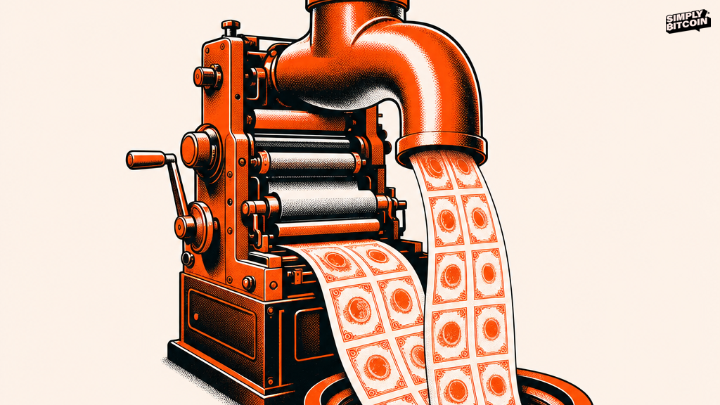 A printing press built like a faucet, pouring currency into a drain shaped like a coin.
