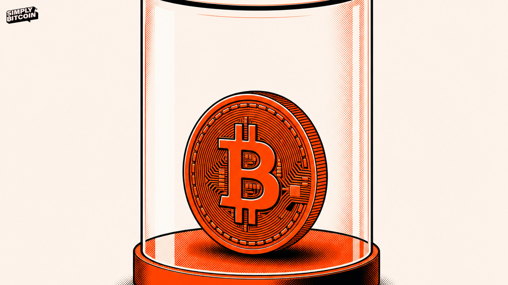 A Bitcoin coin sealed inside a glass case with no lock or door.