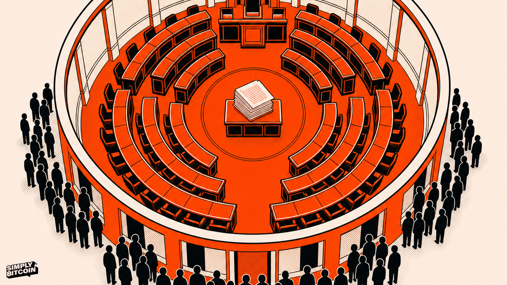 An empty legislative chamber viewed from above with a crowd gathered outside its windows.