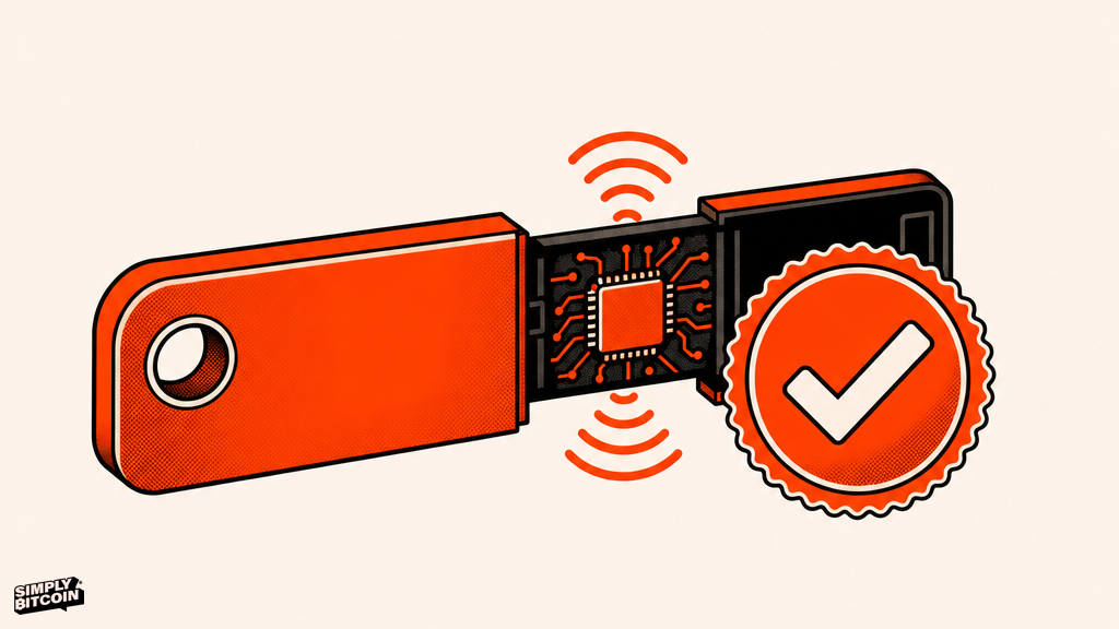 A flat vector image shows a hardware wallet opened to reveal a hidden chip emitting radio waves beside an official checkmark seal that only covers the authentic chip.