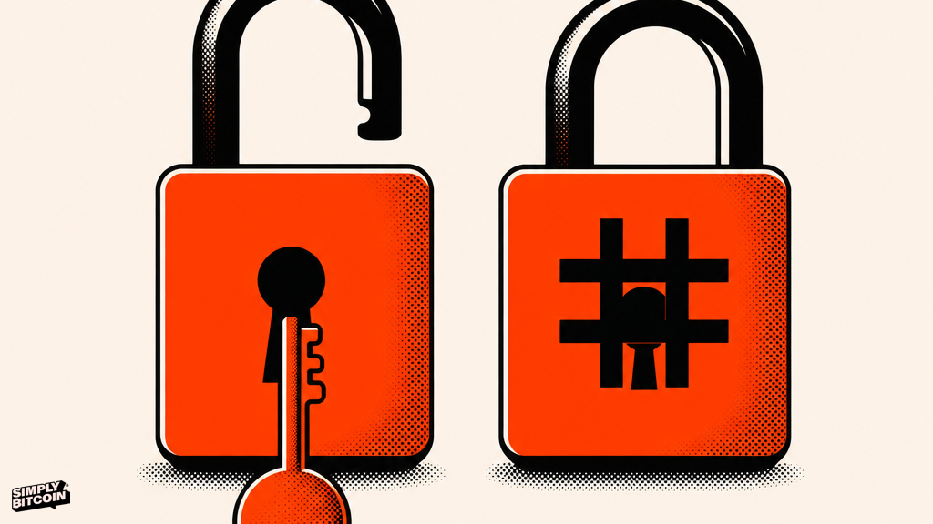 A flat vector image contrasts an open padlock showing a visible key against a closed padlock with the key hidden behind a hash symbol.