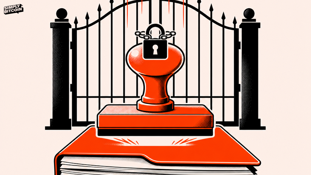 A flat vector stamp coming down on a folder of paperwork in front of a locked gate.