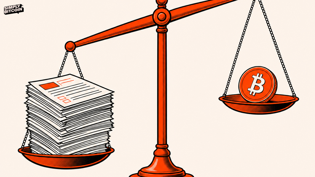 An unbalanced scale weighing a stack of paper forms against a single Bitcoin coin.
