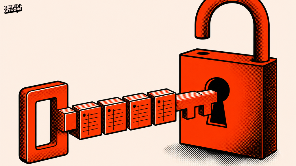A key made of linked ledger blocks opening a padlock with no hand holding it.