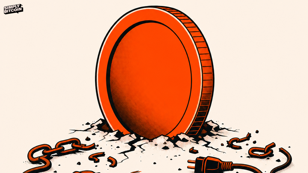A coin shape anchored to the ground with broken chains and unplugged cords lying beside it.