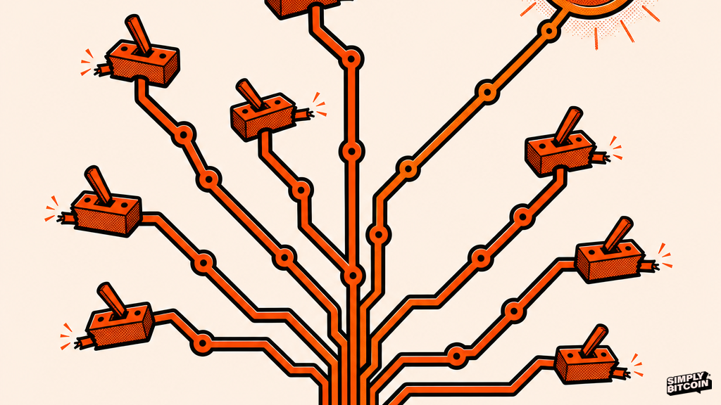 A branching circuit tree where most paths end at a cut switch and only one path reaches a glowing coin shape.