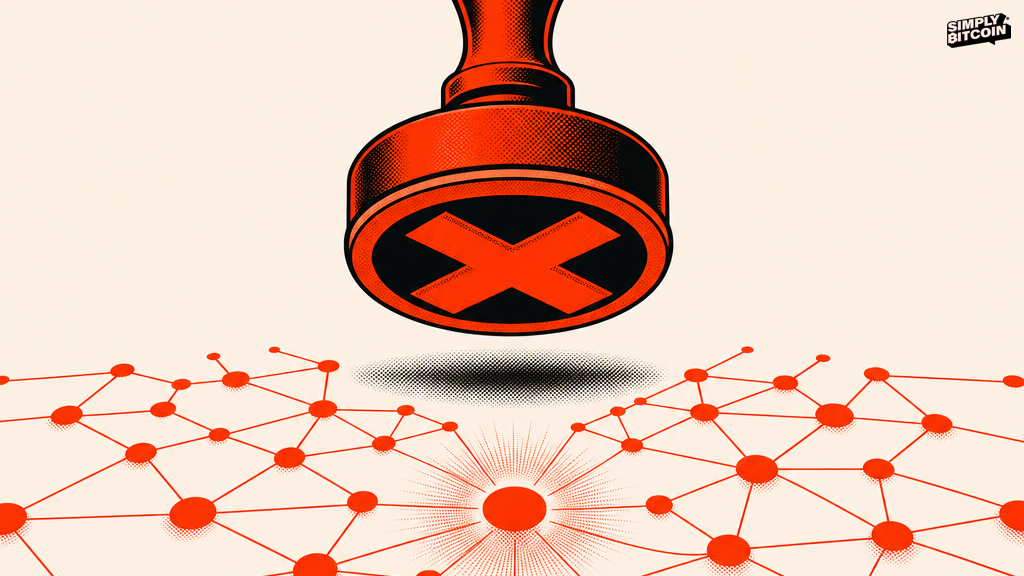An exclusion stamp hovering above a glowing network it cannot touch.