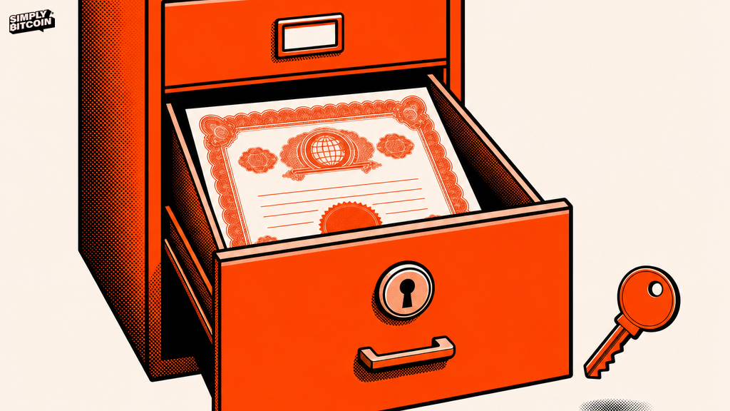 A stock certificate locked inside a filing cabinet drawer with a key outside its reach.