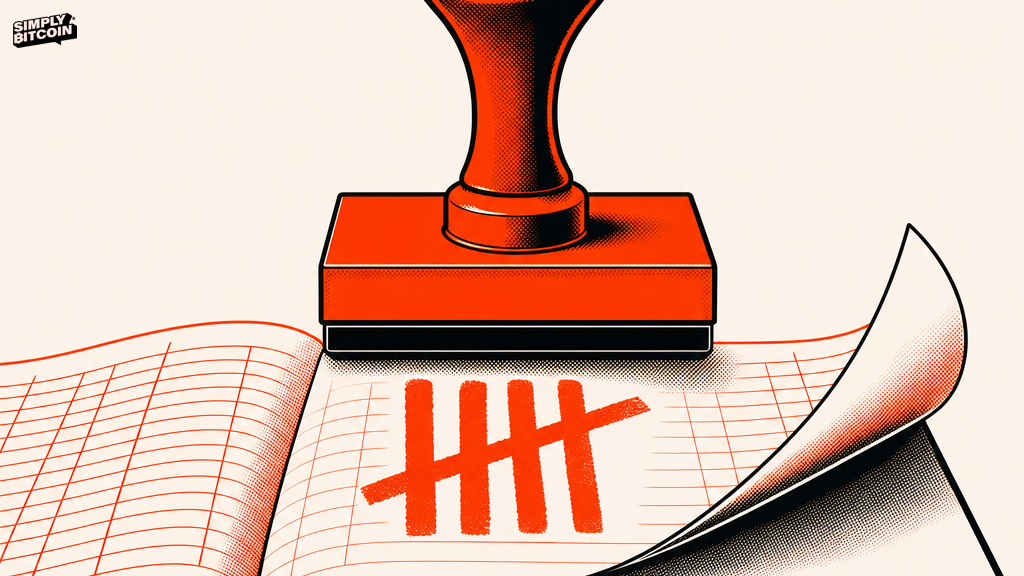 A stamp marked with five tally lines coming down on an open ledger page.