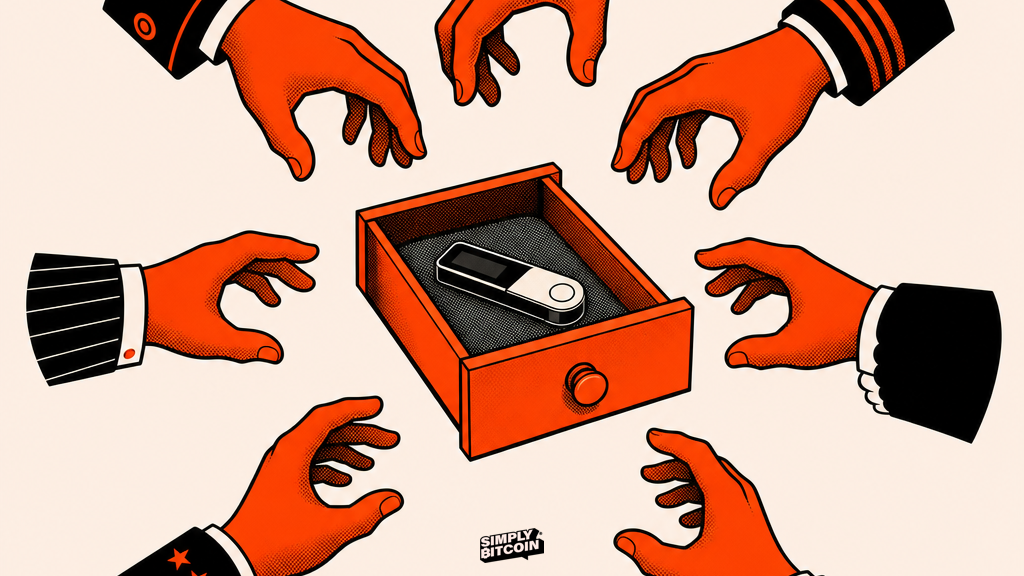 Several hands reaching from different directions toward the same drawer holding a single hardware wallet.