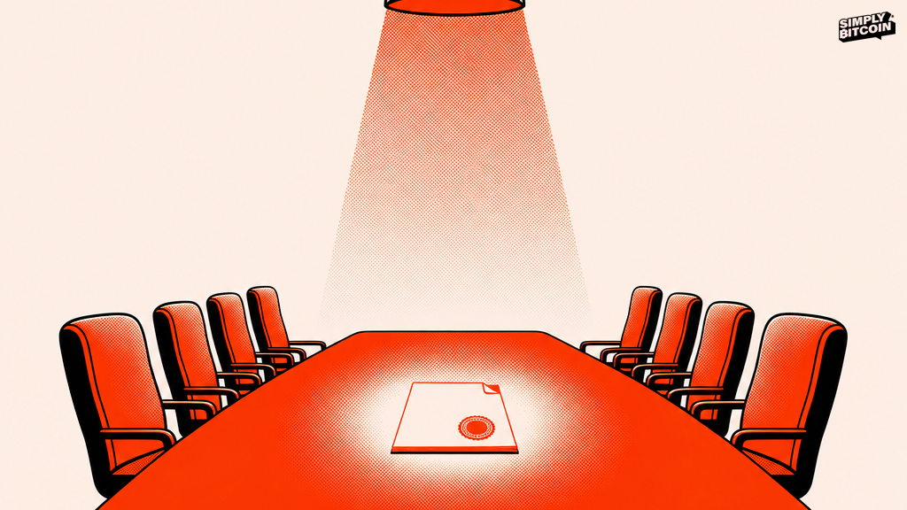 An empty committee table with one stamped document sitting alone under a spotlight.