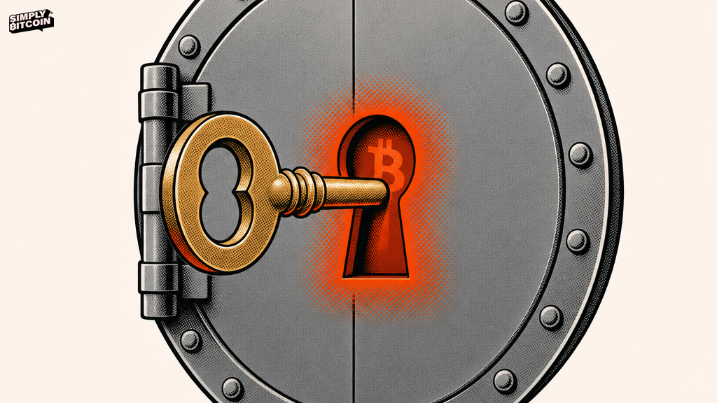 A single key resting in an otherwise bare vault door with the bitcoin mark etched into its keyhole.