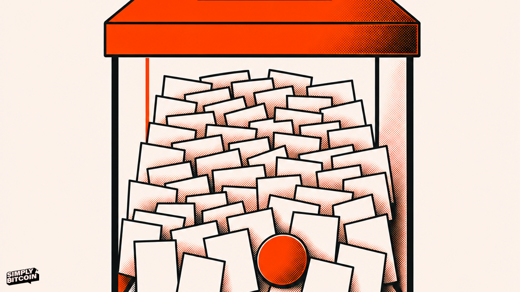 A ballot box full of blank ballots with a single coin shaped ballot among them.