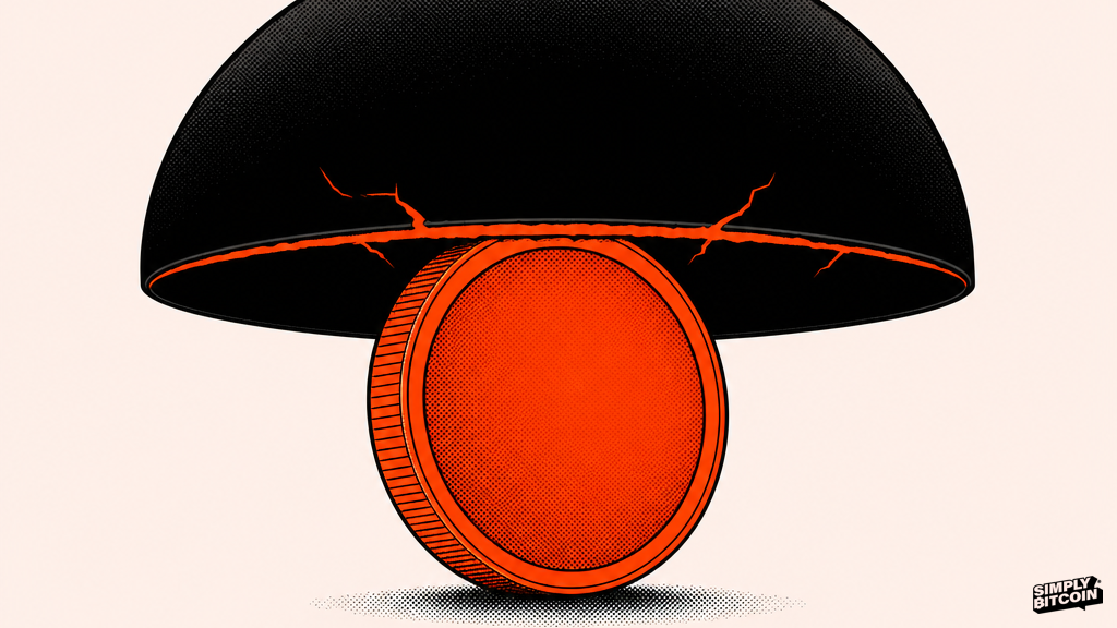 An orange coin presses against the underside of a black dome, with a thin crack of orange light escaping at its edge.