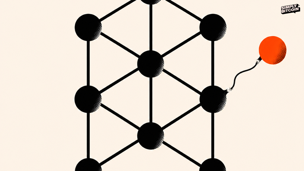 One orange node breaks free of a connected black grid on a cream background, trailing a single severed line.