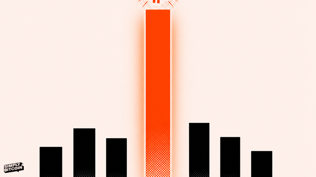 A single orange bar rises above a row of shorter black bars on a cream background, topped with a small bitcoin symbol.