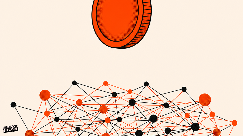 A Bitcoin coin floating above a tangled web of connected strings, untethered from it.