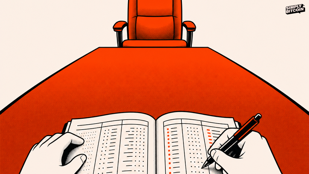An empty chair at the head of a table while hands elsewhere write numbers into a ledger.