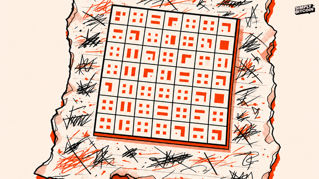 A torn page of crossed out words overlapped by a clean grid of printed numbers.