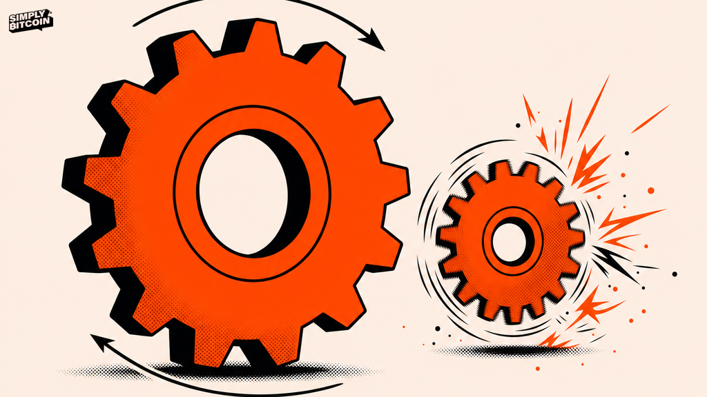An illustration contrasting one large, steady turning gear with a smaller gear spinning fast enough to throw off sparks.