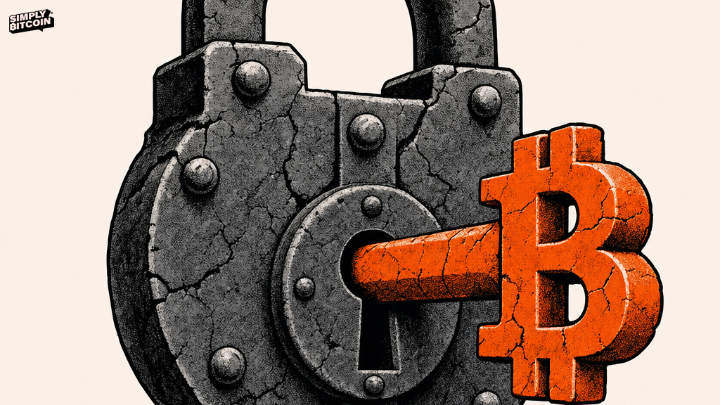 A heavy stone key marked with the Bitcoin symbol sits fixed inside an old lock.