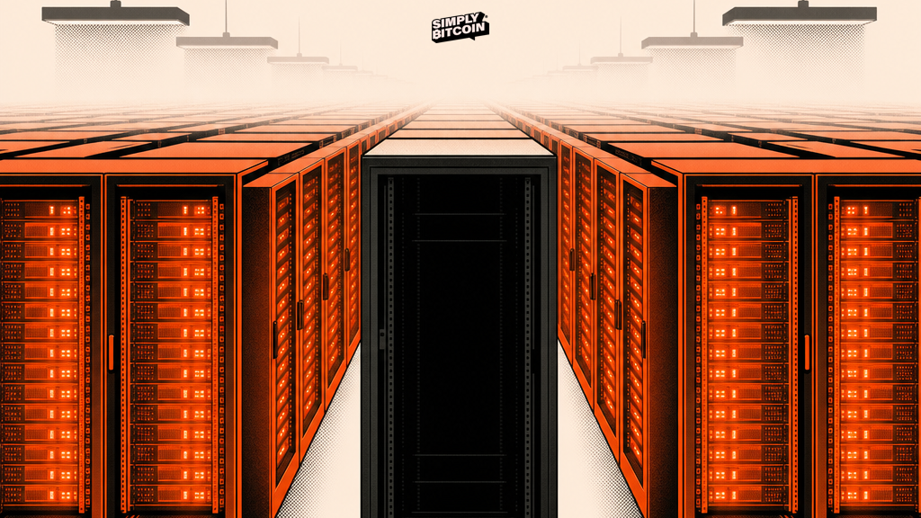 Rows of glowing server racks fade into fog, with one rack standing dark and empty among them.