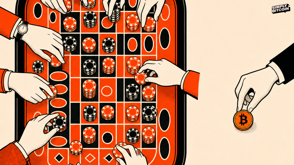 Many hands place colorful chips around a betting board while one hand sets a plain Bitcoin coin aside from the game.