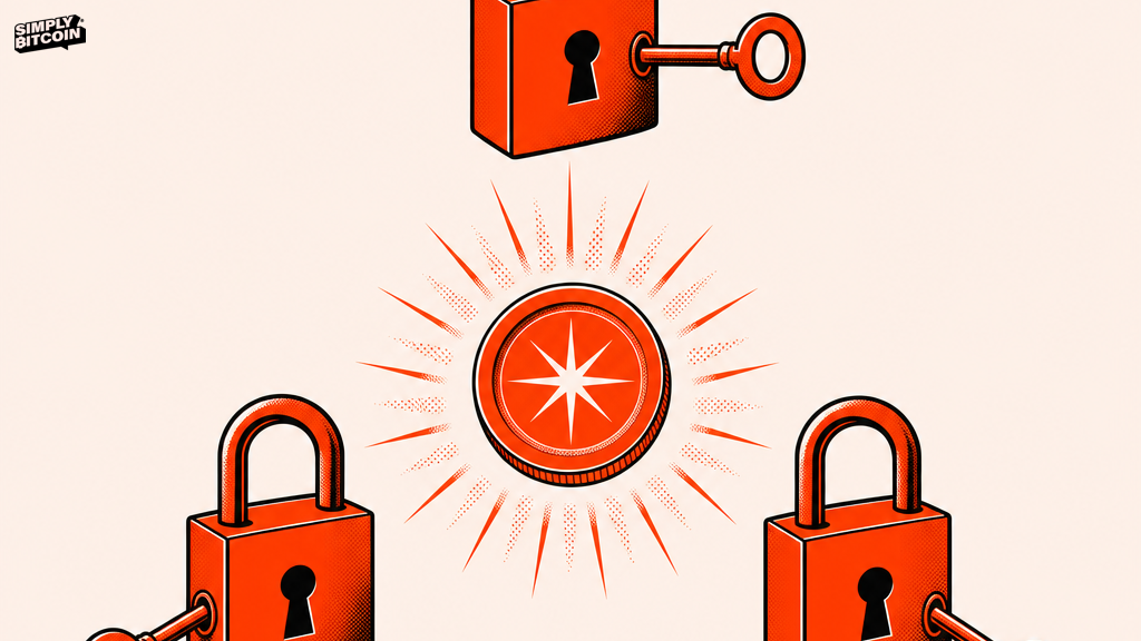 Three separate padlocks arranged around a glowing coin, each holding one key, with no wall between them.