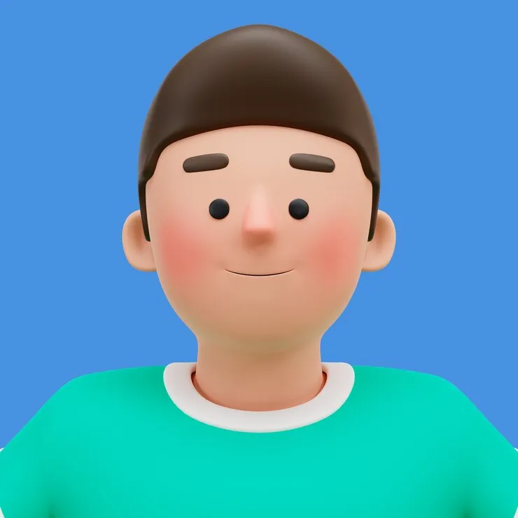 Rendu 3D d'un avatar souriant avec des cheveux bruns, portant un t-shirt vert sur fond bleu.
